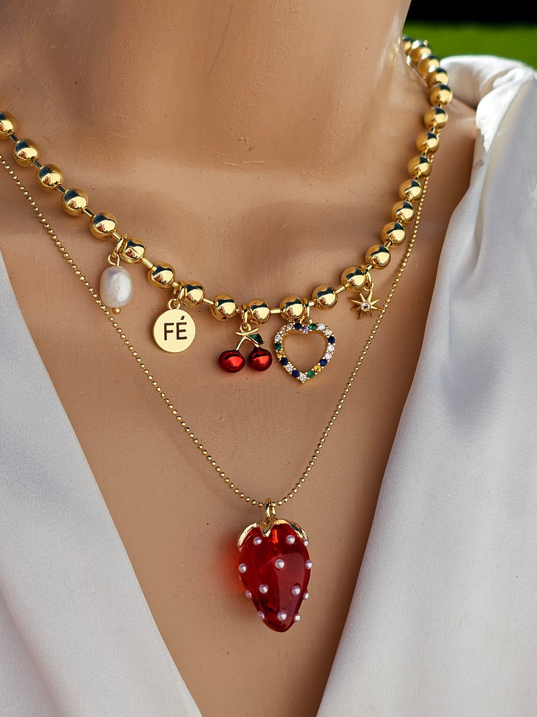 18k gold plated dangling charms and strawberry necklaces