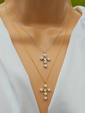 .925 Sterling silver CZ and pearls cross necklaces