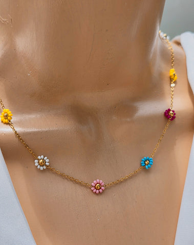 Stainless steel seed beads multicolor flowers necklace