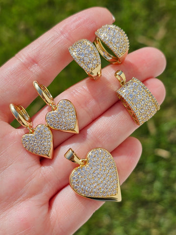 18k gold plated heart and CZ hoop and pendant set