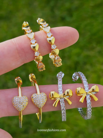 18k gold plated cz heart, and bow hoop earrings
