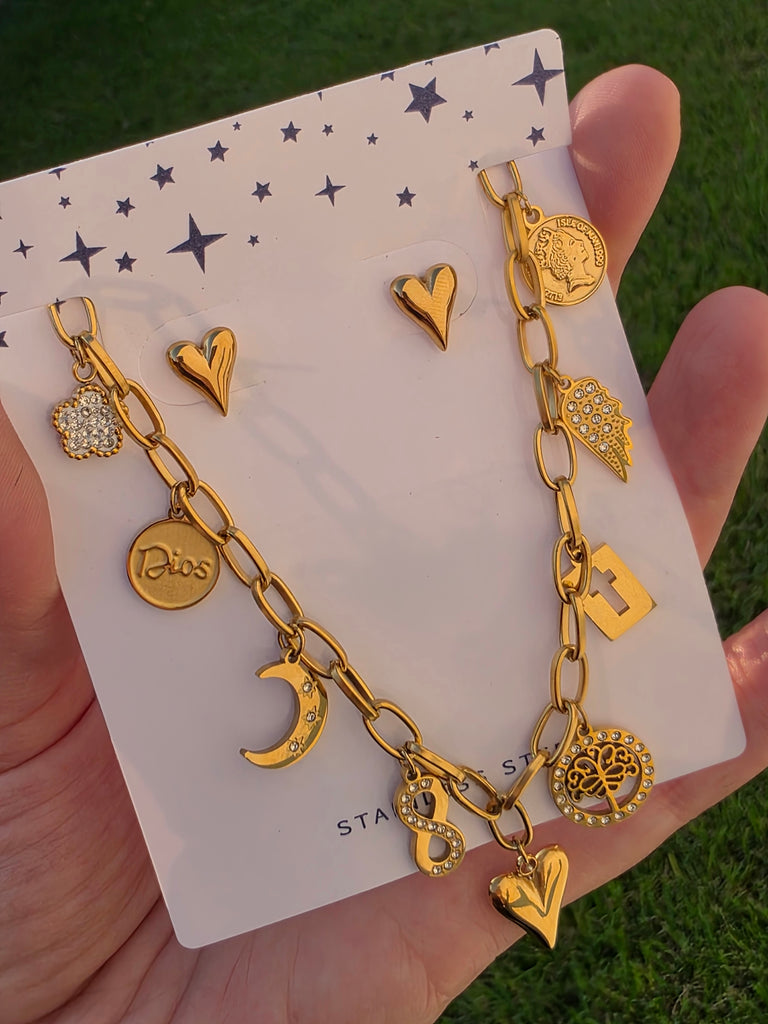 Stainless steel dangling charms necklace and earrings set