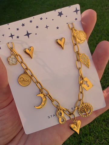 Stainless steel dangling charms necklace and earrings set