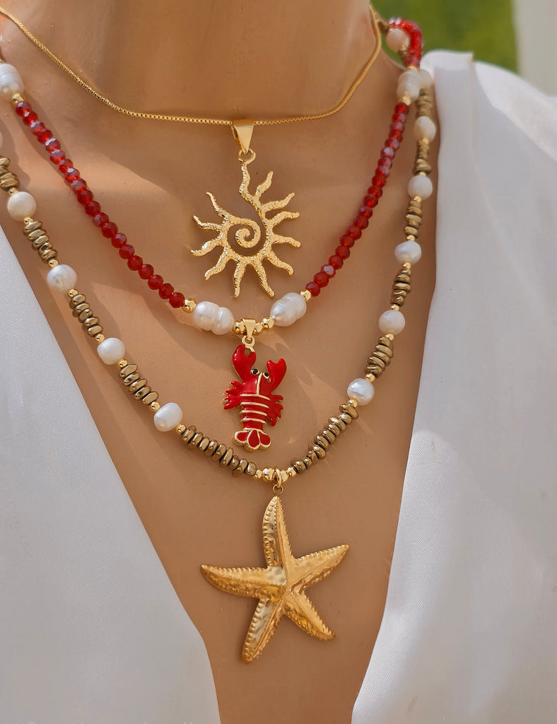 18k gold plated sun, crab and starfish necklaces
