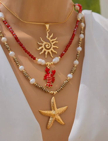 18k gold plated sun, crab and starfish necklaces