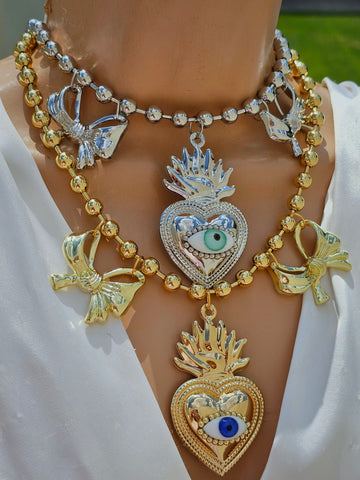 18k gold plated sacred heart and evil eye necklaces