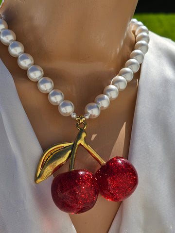 18k gold plated dangling cherry statement necklace