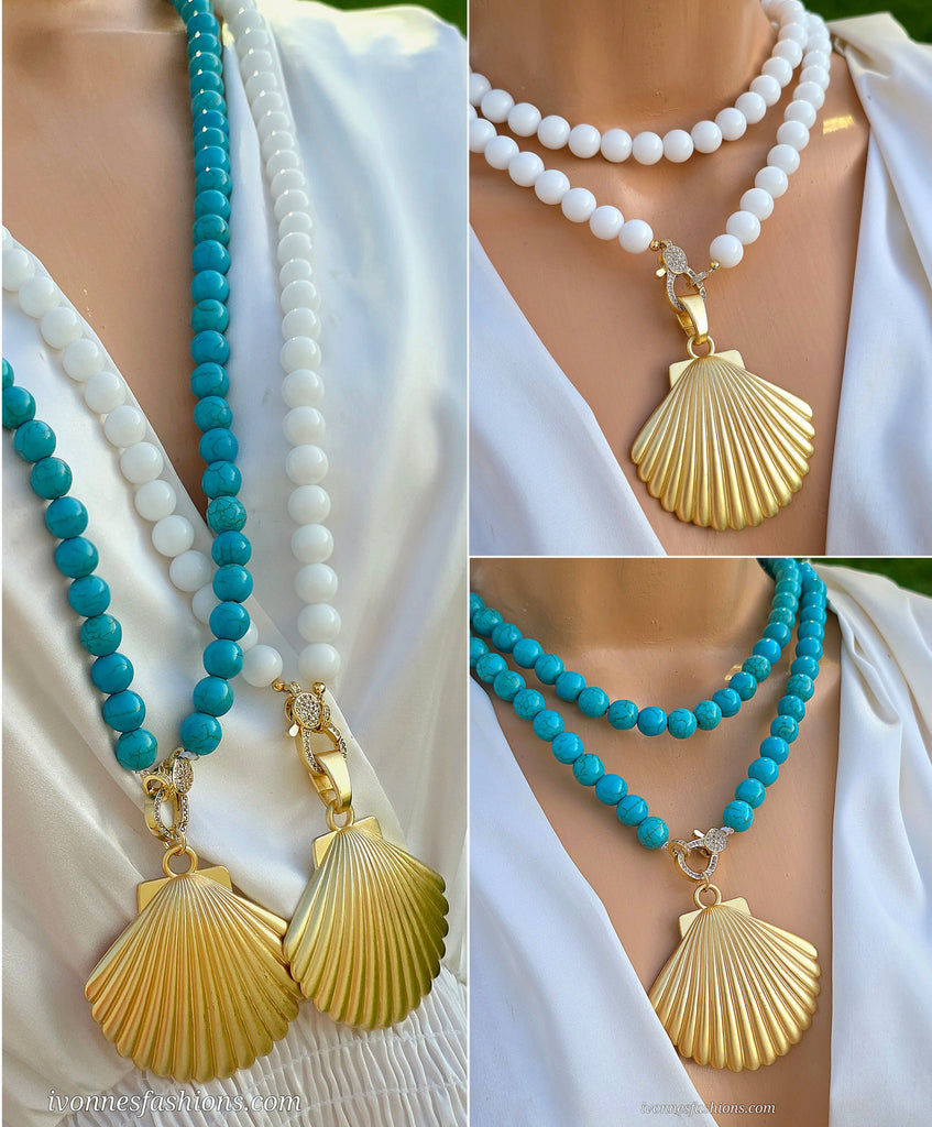 18k gold plated 36in long natural stones and shell pendant necklaces