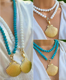 18k gold plated 36in long natural stones and shell pendant necklaces