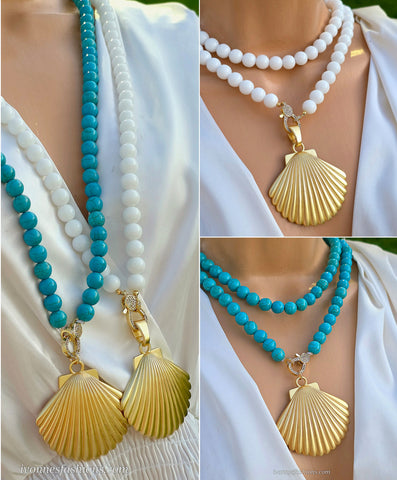 18k gold plated 36in long natural stones and shell pendant necklaces
