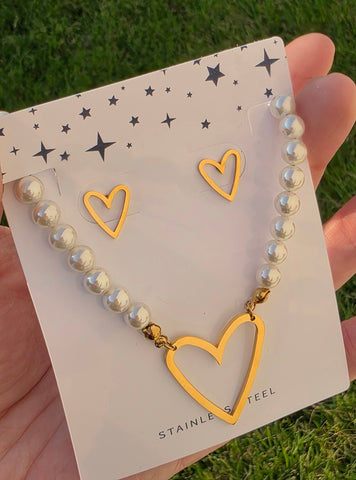 Stainless steel pearl heart necklace and earrings set