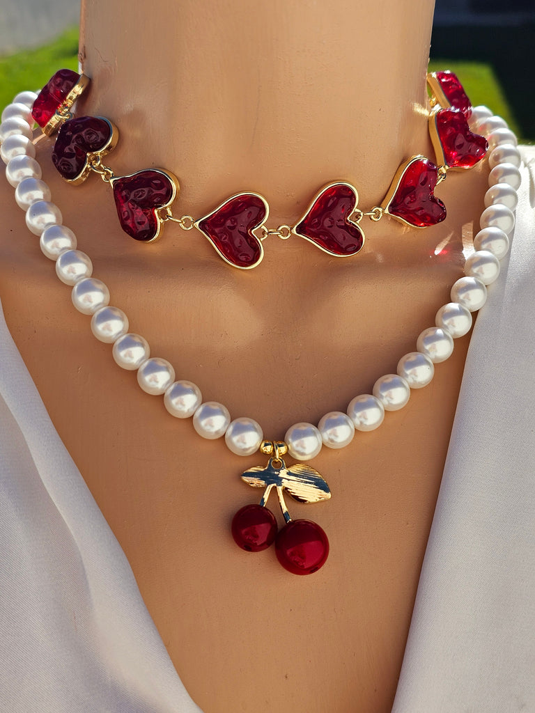 18k gold plated cherry and heart necklaces