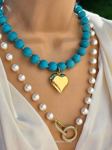 18k gold plated natural turquoise and pearls heart and clip necklaces