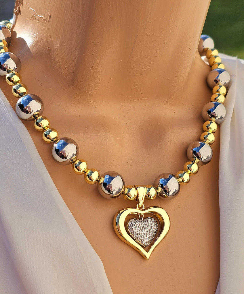 18k gold plated CZ heart & balls combination necklace