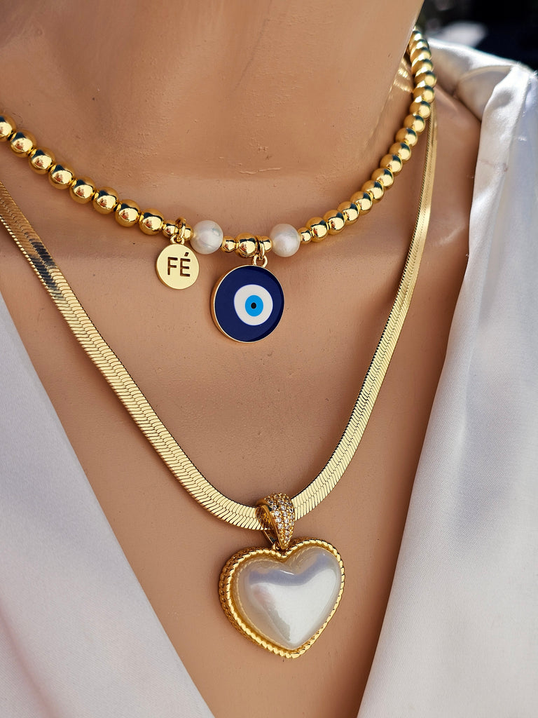 18k gold plated evil eye and Pearl heart necklaces