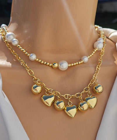18k gold plated, pearls and dangling hearts necklaces