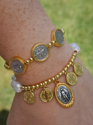 18k gold plated Miraculous Lady Medal and San Benito bracelets