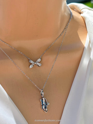.925 Sterling silver blue butterfly and bow necklace