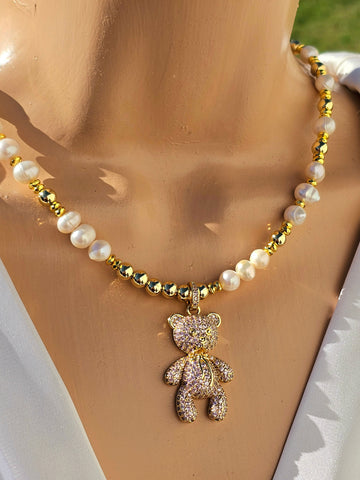 18k gold plated and pearls bear necklace