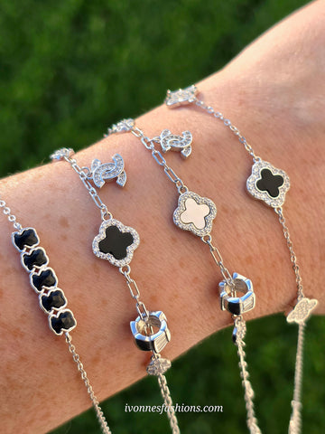 .925 Sterling silver CZ clover and bear bracelet