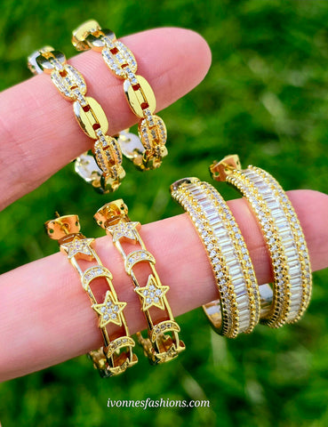 18k gold plated chain, baguette cz and star hoop earrings