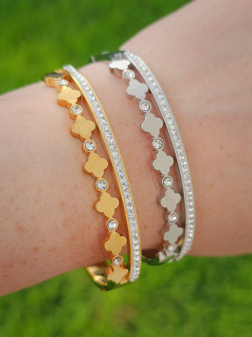 Stainless steel clover and cz bangle