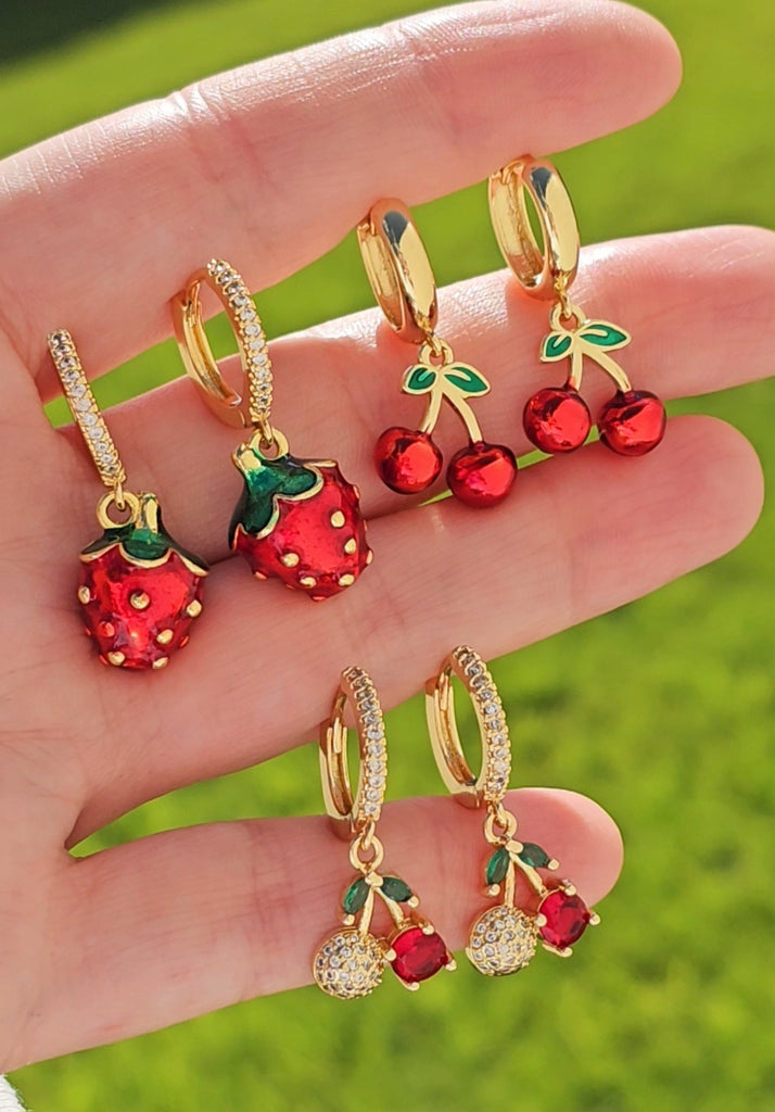 18k gold plated dangling strawberry, cherry hoop earrings