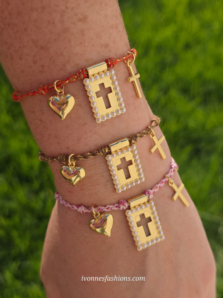 18k gold plated dangling cross and heart adjustable bracelets