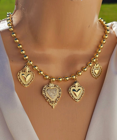 18k gold plated multi sacred hearts necklace