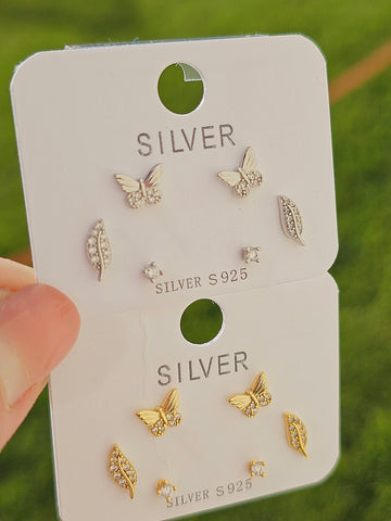 .925 Sterling silver butterfly 3 pairs set earrings