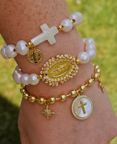18k gold plated and Pearls cross and lady of Guadalupe bracelets