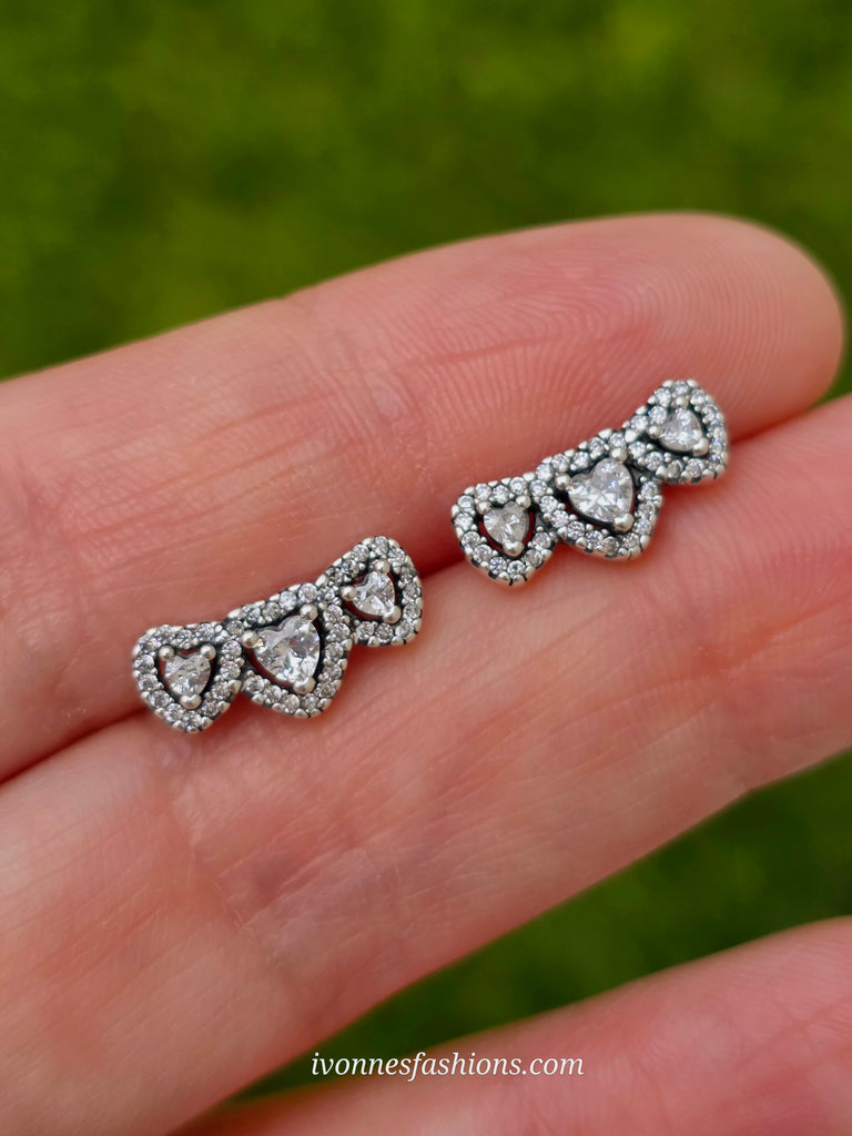 .925 Sterling silver CZ 3 hearts earrings