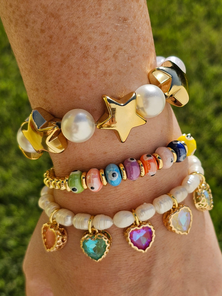 18k gold plated evil eye, hearts and stars bracelets