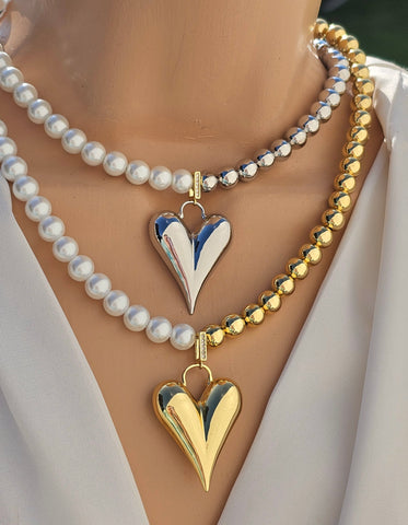 18k gold plated heart and pearls necklace