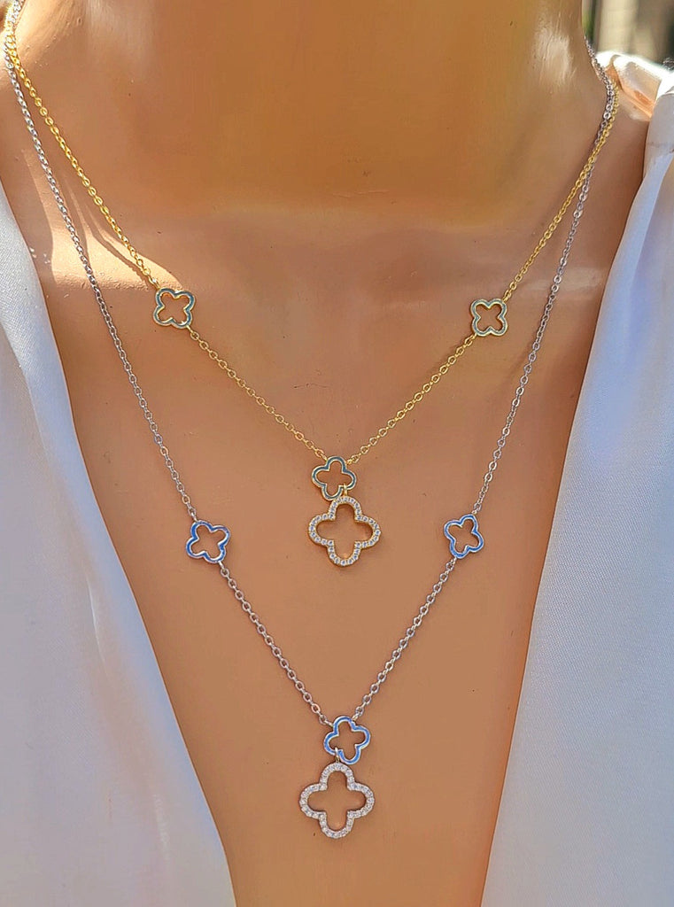 .925 Sterling silver CZ dangling clover necklace