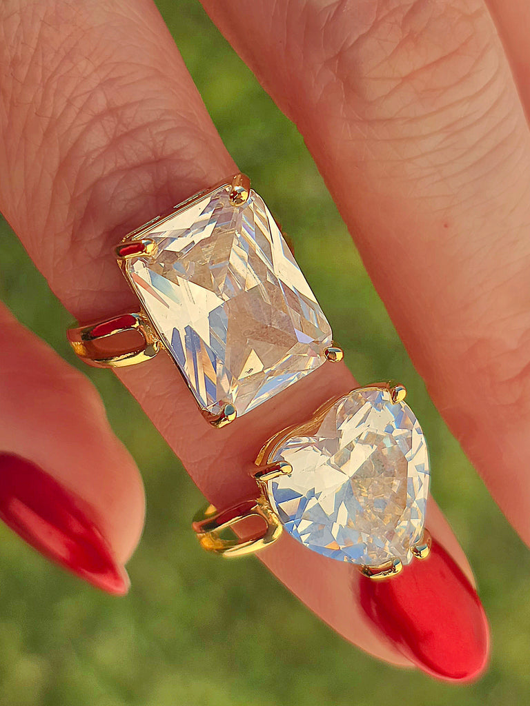 18k gold plated heart and rectangle crystal rings