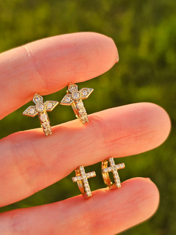 18k gold plated cross and flower cz hoop earrings