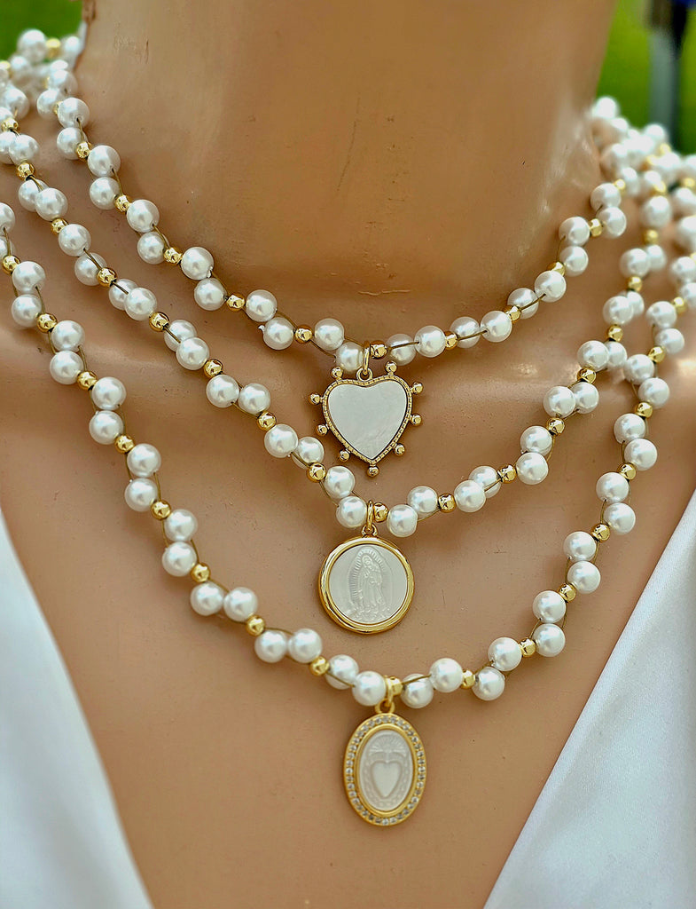 18k gold plated and Pearls Heart, Lady of Guadalupe and sacred heart necklaces