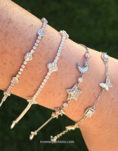 .925 Sterling silver CZ clover, heart, moon and butterfly bracelets