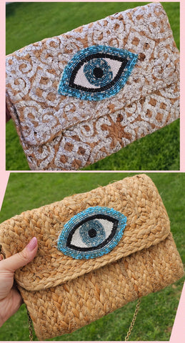 Fashion seed beads evil eye clutch handbag