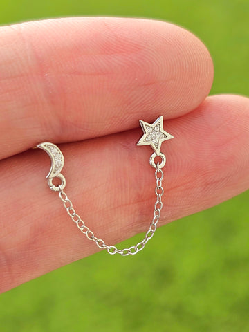 .925 Sterling silver moon and star with chain earring ( 1pc)