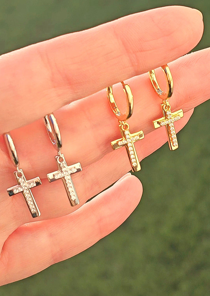 925 Sterling silver dangling doble Cross CZ hoop earrings