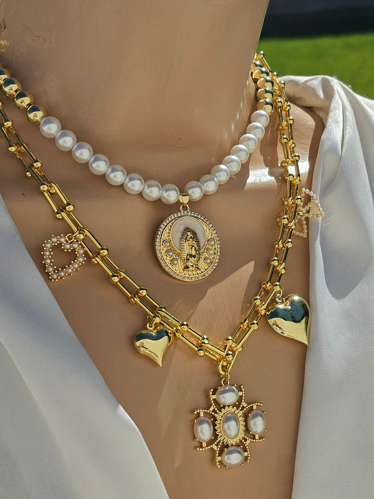 18k gold plated lady of guadalupe and cross pearls necklaces