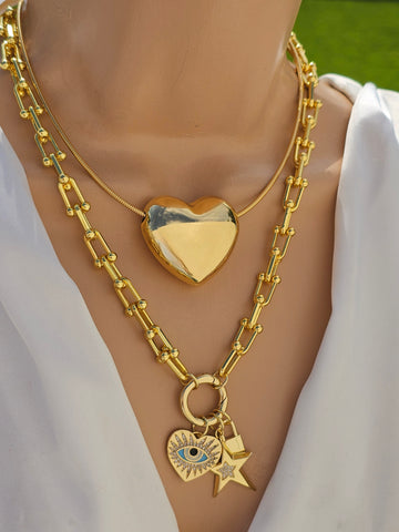 18k gold plated heart and evil eye necklace