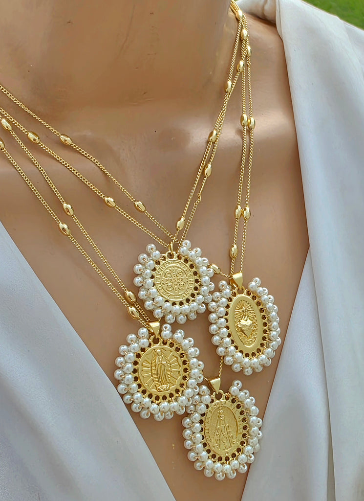 18k gold plated San Benito, Lady of Guadalupe, Lady of San Juan del Valle & Sacred heart necklaces