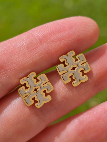 Stainless steel two tone cross earrings