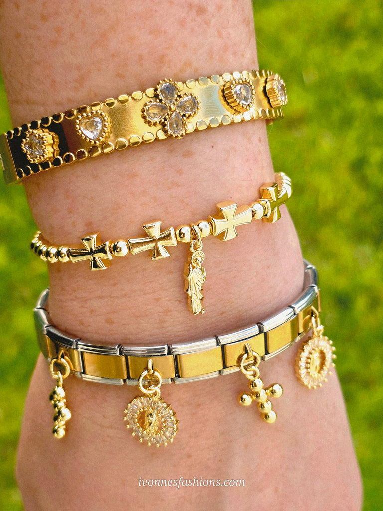 18k gold plated Lady of Guadalupe, San Judas and clover bracelets