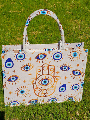 Fashion evil eye hamsa tote handbag with zipper