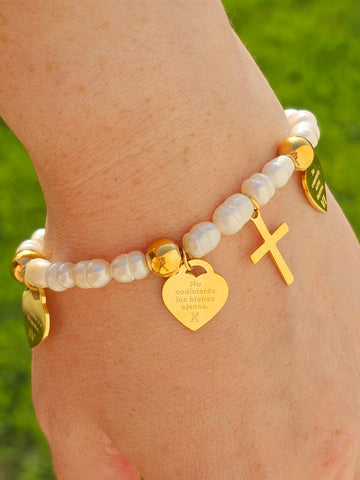 Stainless steel and pearls religious bracelets