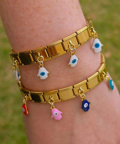 Stainless steel links dangling hamsa hand charms bracelet